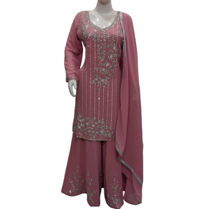 FAMUCAAS Hermoso Conjunto de Vestido Bordado a Mano para Mujer con Salwar/Plazo/Sharara de Georgette Blanca para Bodas y Fiestas, Ropa Étnica - Product Image 2