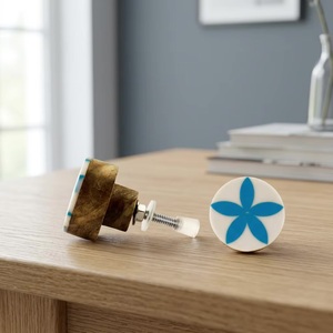 Bouton de meuble rond moderne en bois avec motif floral bleu pour poignée de meuble de cuisine, installation facile - Product Image 4