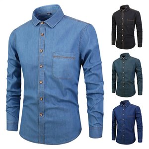 Chemise en jean pour homme, manches longues, bleue, boutonnée, décontractée, en coton, pour tenue quotidienne, activités de plein air et occasions décontractées - Product Image 1
