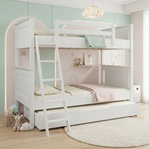 Lit superposé moderne blanc double avec plateforme, tiroir de rangement et échelle, construction en bois massif pour mobilier de chambre - Product Image 6