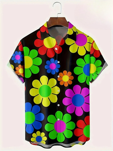 Chemise pour homme à imprimé floral, col rabattu, manches courtes, tricotée, décontractée, été, golf, mode, boutonnée, tee-shirt 140g - Product Image 1