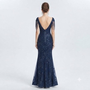 Blue Beaded Mermaid Dress Sleeveless V Neck <b>Floor</b> <b>Length</b> Formal <b>Gown</b> Sequin Party Dress for Wedding Gala - Product Image 4