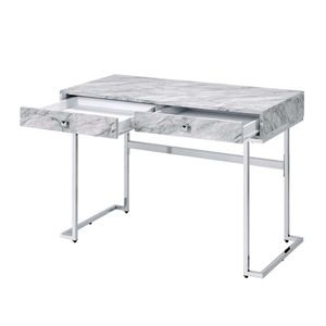Scrivania rettangolare con piano in pietra ingegnerizzata bianca e 2 cassetti cromati per l'uso con computer - Product Image 4