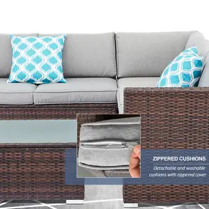 4 Piece Outdoor Furniture Set All-Weather Wicker Sectional Sofa Thick Cushions Glass Coffee Table 2 Teal Pattern Pillows