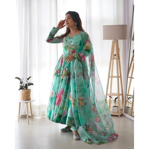 PARTY WEAR TABBY <b>ORGANZA</b> <b>SILK</b> DIGITAL PRINT WORK GOWN BOTTOM WITH DUPATTA SKY - Product Image 1