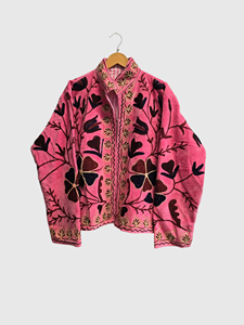 Veste en velours rose à manches longues, taille plus, broderie florale, col mandarin, vêtements d'automne pour femmes - Product Image 1
