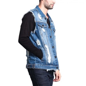Gilet en jean pour homme à col rabattu, couleur unie, décontracté, en coton tissé, simple boutonnage, détails effilochés, idéal pour le printemps - Product Image 3
