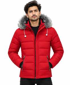 Men's American Red High Quality Puffer <b>Jacket</b> Winter <b>Hooded</b> Coat with <b>Fur</b> Trim Thick Windproof Zip up Outerwear - Product Image 1