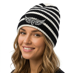 Unisex Striped Knit Beanie Hat 100% <b>Acrylic</b> Winter Warm Casual Cap Black White Color <b>Block</b> Adult - Product Image 4