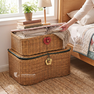 Woven Rattan Laundry & <b>Storage</b> <b>Basket</b> with Lid, Artisan Wicker Home Organizer Bin, Sustainable Natural Fiber Decorative Box - Product Image 5