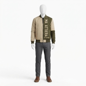 Blouson bomber vert kaki pour homme, avec blocs de couleur, logo vertical, style streetwear décontracté, personnalisable, OEM ODM, vente en gros - Product Image 3