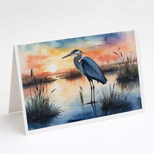 Blue Heron Setting Sun Whimsical A7 <b>Greeting</b> <b>Cards</b> Pack of 8 Blank <b>Note</b> <b>Cards</b> with Envelopes Size 5x7 - Product Image 1