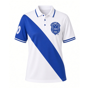 Zeta Phi Beta <b>Women</b> Premium Pique <b>Polo</b> Shirt White Royal Blue Diagonal Panel Embroidered Crest Sleeve Number Button Placket - Product Image 1