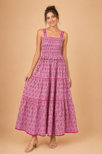 Vestido Maxi Rosa de Algodón Indio Estampado a Mano, Hecho a Medida para Damas, Diseño Floral, Silueta en A, Lavable - Product Image 3