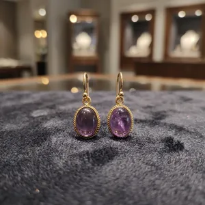 Boucles d'oreilles pendantes en laiton et améthyste naturelle, faites à la main, bijoux en pierres précieuses, vente en gros - Product Image 5