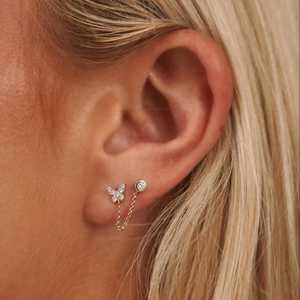 Boucles d'oreilles à double piercing en chaîne, en or massif 14k 18k, avec diamant de laboratoire rond serti en clos en forme de papillon, clous à pression, bijoux fins, vente en gros - Product Image 4
