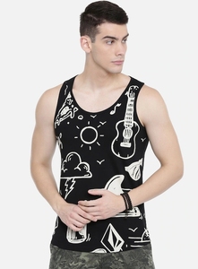 Camiseta sin mangas negra estampada para hombre, cuello redondo, informal, transpirable, estilo de punto de algodón - Product Image 1