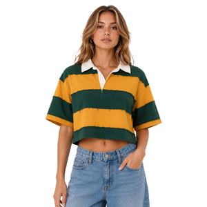 Women's Striped Cropped Polo women's shirt Short Sleeve Boxy Fit Stripe Oversized Streetwear Rugby Polo Vintage Inspired Fashion - Product Image 1