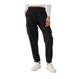 Pantalon cargo noir pour femme, taille haute élastique, style streetwear décontracté, coupe fuselée avec poches, vente en gros OEM - Product Image 3