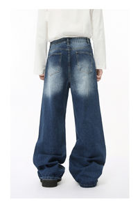 Nouveau jean rétro ample personnalisé pour homme, prêt-à-porter, en denim noir, coupe large, taille haute, délavé, avec logo frontal - Product Image 4