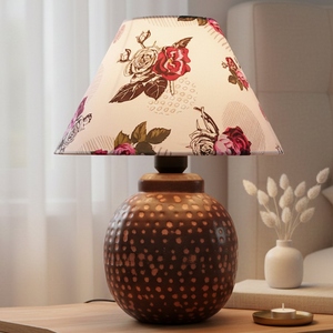 Vintage style Floral <b>Table</b> Lamp Rose Pattern Fabric Shade Hammered Copper Base Artistic <b>Bedside</b> Nightstand Light Home Decor - Product Image 4