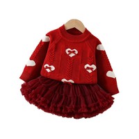 Ensemble Pull et Jupe en Maille pour Filles, Nouvelle Collection Automne, Pull à Manches Longues Imprimé Cœur avec Petit Nœud et Jupe en Tulle