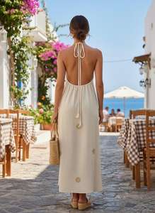 Elegante Vestido Maxi Halter Crema Bordado a Mano, Tejido de Mezcla de Algodón y Lino Transpirable de Alta Calidad, Largo hasta el Suelo, Teñido Liso - Product Image 2