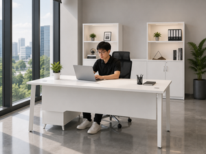Escritorio de Oficina Rectangular Moderno con Gabinete de Almacenamiento, Material de Madera Blanca, Diseño Minimalista para Oficina en Casa o Uso Comercial - Product Image 1
