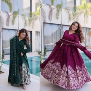 Robe Anarkali longue moderne Rangoli Crush avec sequins et broderies multiples pour mariage, fête, Diwali, bal de promo - Product Image 1