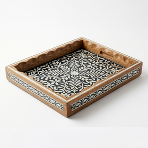 Plateau rectangulaire en bois Papdi fait main avec incrustation florale en nacre, plateau de service décoratif et mobile pour le Ramadan et les mariages - Product Image 3