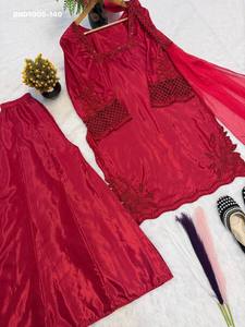 Designer Fancy Crepe Silk with <b>Beads</b>-Handwork & Embroidered Sequence Suit - Stone work Plazzo & Dupatta Indian Supplier - Product Image 5