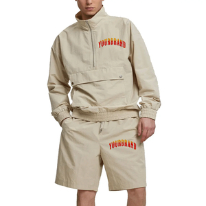 Custom Logo Printed Eco-Friendly <b>Men's</b> Plus Size Solid Windbreaker <b>Half</b>-<b>Zip</b> Cotton Shorts Set Tracksuit Zipper <b>Jacket</b> Pockets - Product Image 1