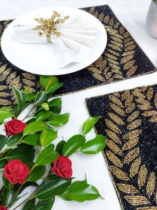 Handmade <b>Beaded</b> Fabric <b>Placemat</b> Rectangle Black Gold Leaf Design Glam Table Mat Decorative Pad - Product Image 5