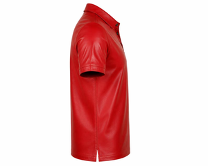 Camisa Polo de Cuero Roja para Hombre, Manga Corta, Casual, Color Sólido, Cuello con Botones, Ropa de Verano - Product Image 3