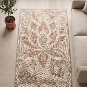 Tapis d'intérieur en laine tissé à la main, couleur unie crème beige, motif fleur de lotus, antidérapant, à poils moyens, texture minimaliste, décoration moderne pour la maison - Product Image 2