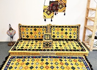 Ensemble de coussins de sol orientaux arabes pour deux personnes, motif Qatar, couleur moutarde, avec garnissage en mousse de densité 22