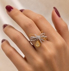 Bague de cocktail traditionnelle en laiton bicolore de luxe avec nœud papillon et pierre de zircon ronde, ajustable, cadeau de mariage pour femme, bijoux - Product Image 5