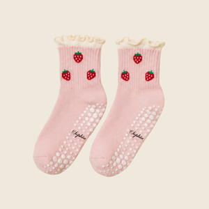 Custom Logo Strawberry Grip Socks Non <b>Slip</b> Pilates Yoga Barre Socks Cute Ruffle Cotton Socks for Women OEM ODM Manufacturer - Product Image 3