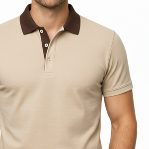 Polo beige para hombre, más vendido, con cuello en contraste marrón, manga corta, estilo urbano, corte ajustado, informal. - Product Image 3