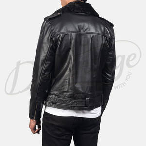 Veste de motard en cuir noir premium pour homme, en véritable peau de mouton, avec fermeture éclair asymétrique et col en fausse fourrure amovible - Product Image 4