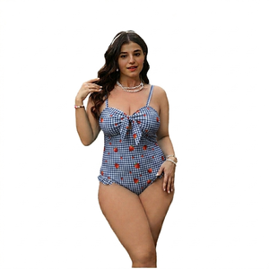 Wholesale Blue Plus Size Halter Neck Eco-Friendly One Piece Bikini Swimsuit with <b>Strawberry</b> Print for Hot Spring Use - Product Image 2