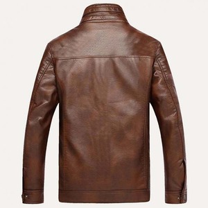 Men's PU Leather Moto Jacket <b>Stand</b> Collar Zipper <b>Slim</b> Fit Windproof Sherpa Lined Autumn Casual <b>Coat</b> - Product Image 2
