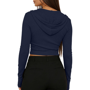 <b>Women's</b> <b>Navy</b> Blue Hooded Zip-Up Cropped Sweater Long Sleeve Knitted Solid Color Autumn Wear Breathable Full Length Sleeves - Product Image 2