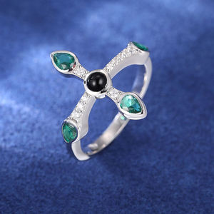 Women's Platinum Cross <b>Ring</b> With <b>Emerald</b> And Diamond Accents Religious Style - Product Image 3
