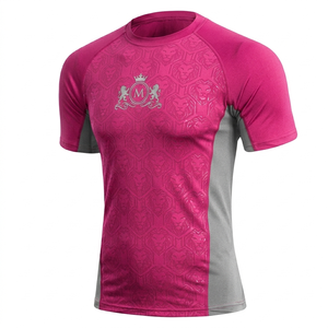 Men's Short Sleeve Rash Guard Pink Gray Sublimation Print Quick Dry Sport Top Front Logo Compression Shirt - Product Image 1