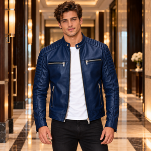 Blouson de motard en cuir bleu roi pour homme, coupe ajustée, fermeture éclair, col montant, épaules côtelées, style Café Racer, vêtement d'extérieur décontracté, vente en gros, personnalisable - Product Image 4