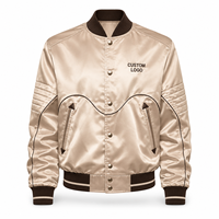 Jaket Bordir Satin Logo Kustom Unisex Pakaian Tim Baseball Grosir Dengan Kerah Bergaris Dan Kancing Tekan Depan