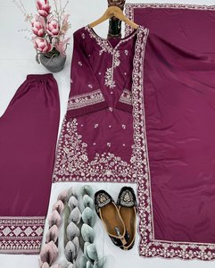 <b>Wedding</b> Party Wear Pure French Crape Heavy Sequence Embroidery & Cut Work Top and Palazzo With Sequence Embroidery Lace Dupatta - Product Image 1
