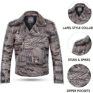 Men's Crocodile Embossed Genuine Leather Motorcycle <b>Jacket</b> <b>Punk</b> Studded Rivet Biker <b>Jacket</b> Custom OEM Leather <b>Jacket</b> - Product Image 6