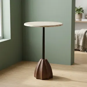 Table basse ronde moderne avec plateau en marbre et base en bois, design minimaliste, fabrication artisanale, meubles de salon - Product Image 2